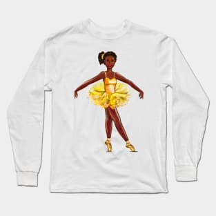 Ballet black ballerina  in yellow tutu with corn rows in her hair - brown skin ballerina Long Sleeve T-Shirt